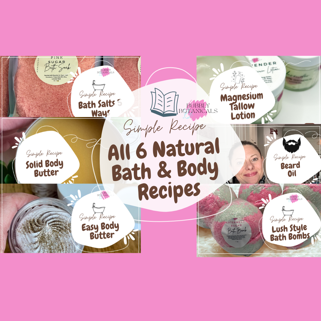 Collage of natural bath and body products with 'Simple Recipe' branding on a pink background.