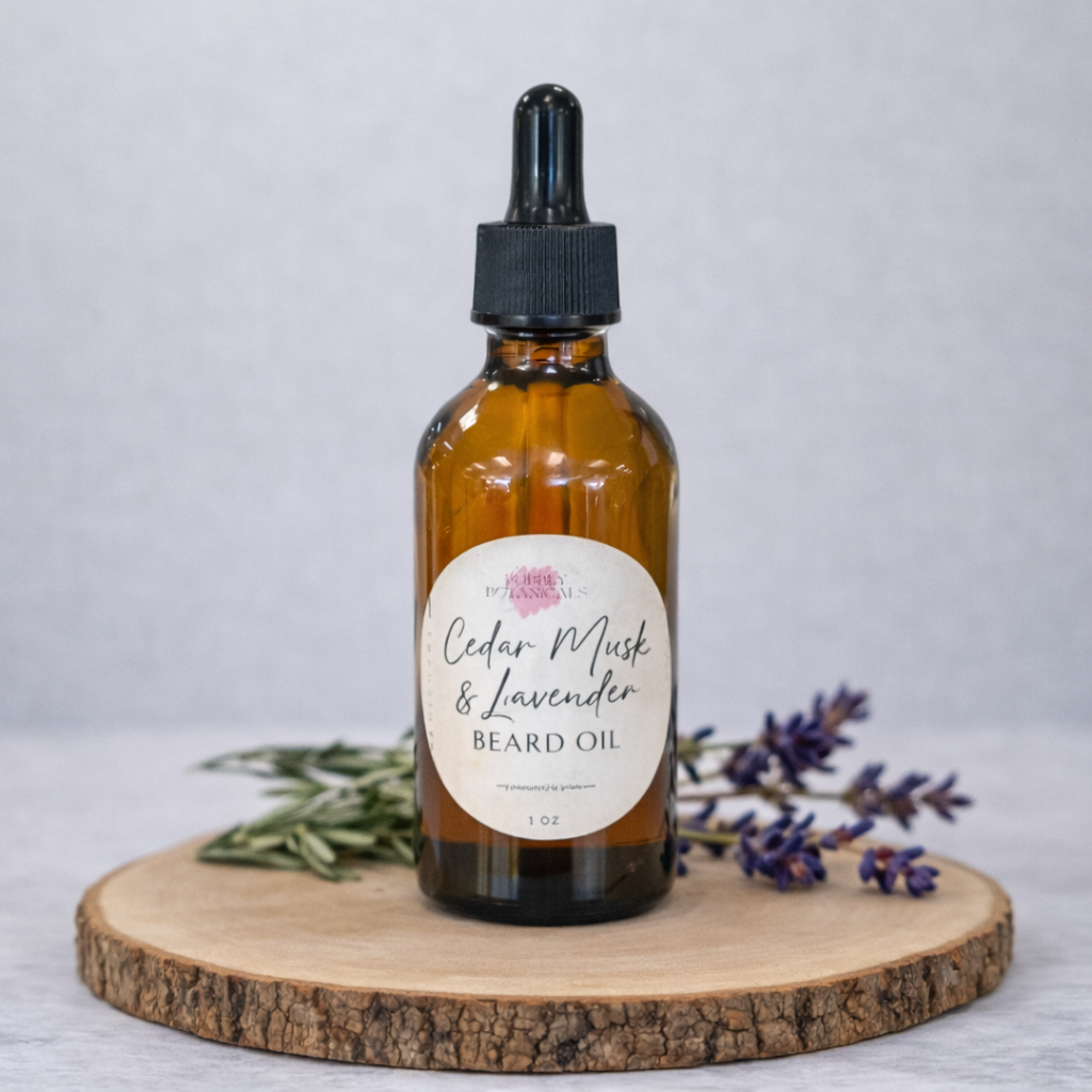 Bottle of Cedar Musk & Lavender Beard Oil on a wooden board with lavender flowers.