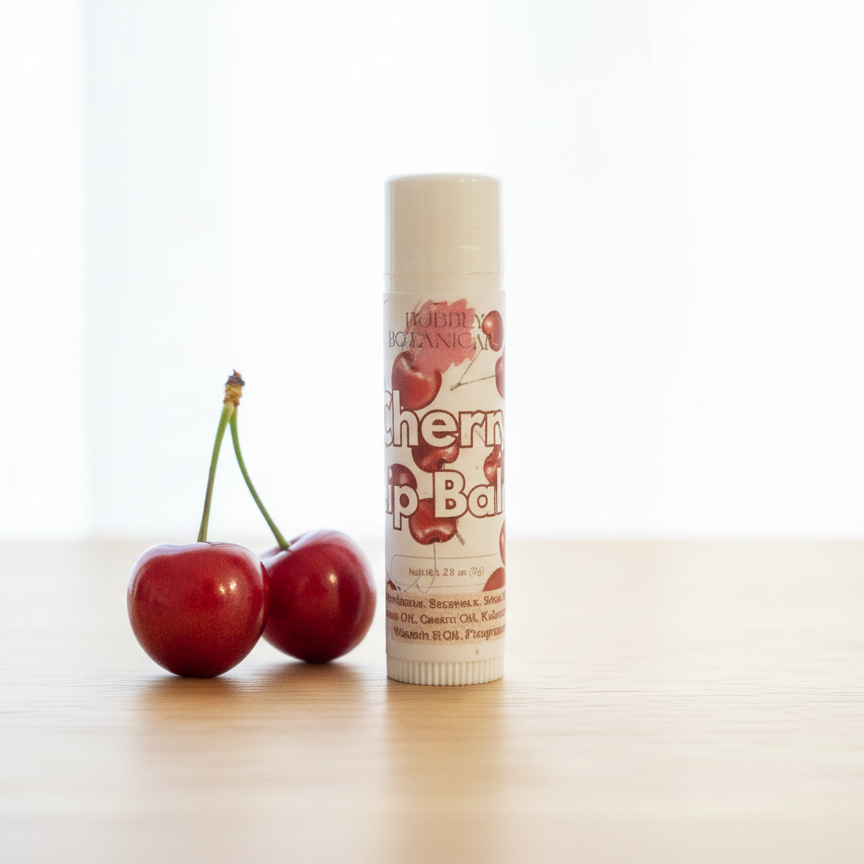 Cherry lip balm with two cherries on a white background