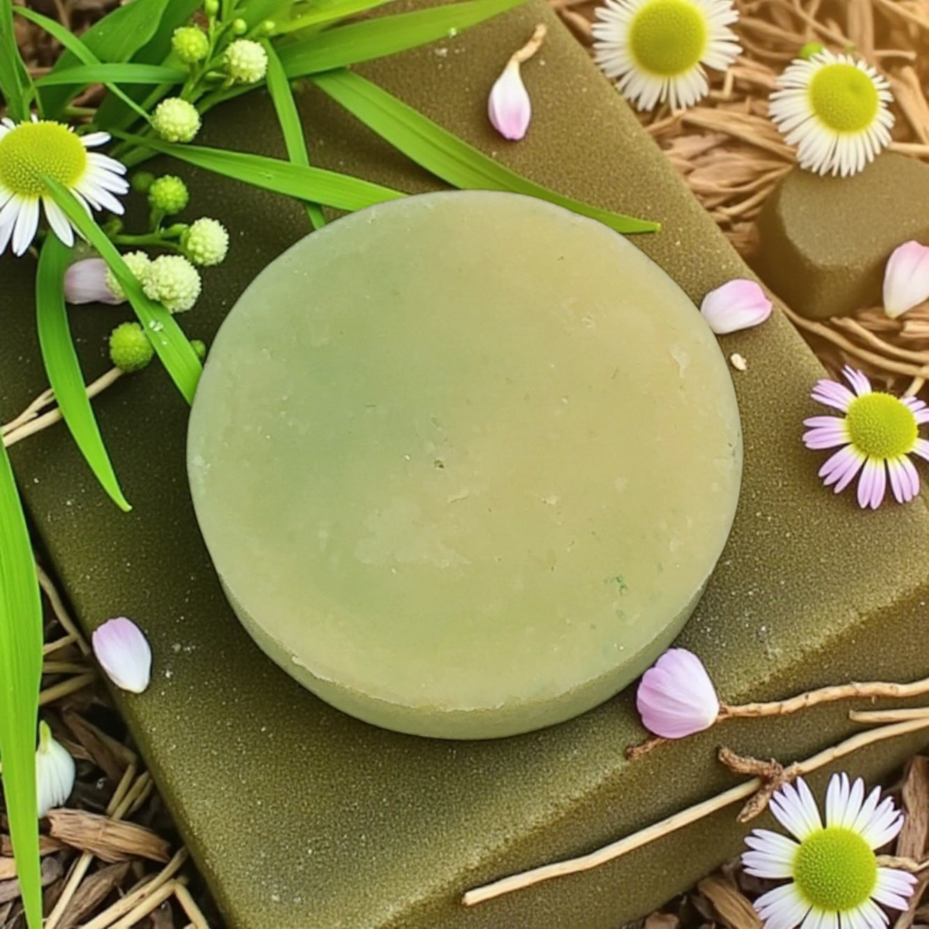 Green soap bar on a natural background with flowers and leaves