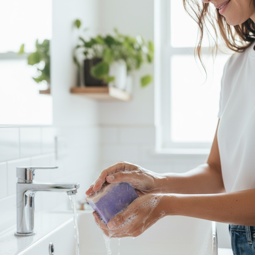 Woman washing hands with soap in a bright bathroom