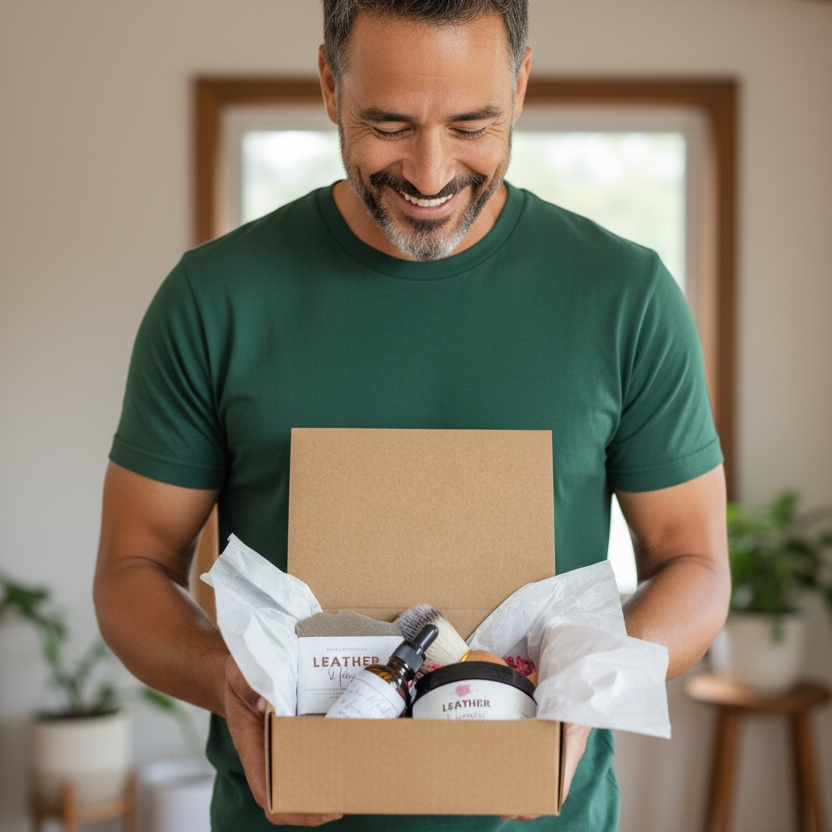 Man in a green shirt holding a box with a product inside, standing in a room with wooden beams and plants.