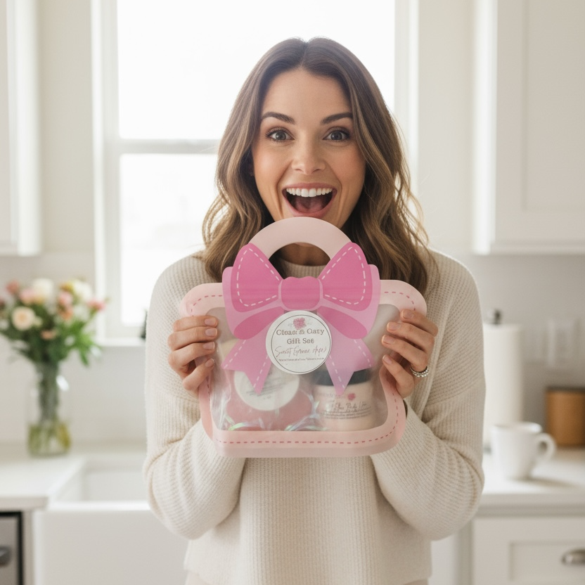 Woman holding a pink baby shower gift bag with a bow in a kitchen.