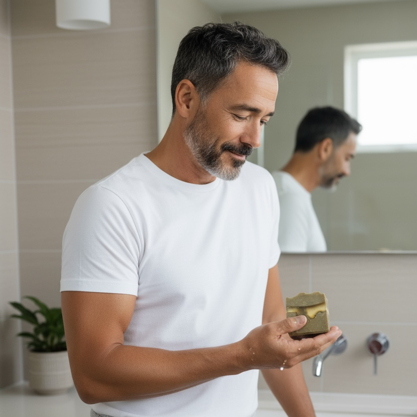 Man holding a bar of soap in a bathroom