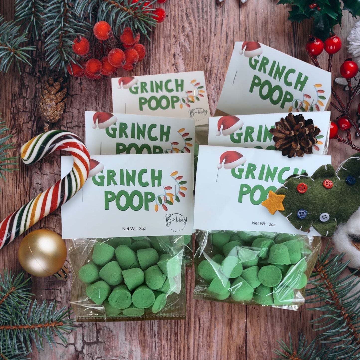 Grinch poop bubbly bath bombs
