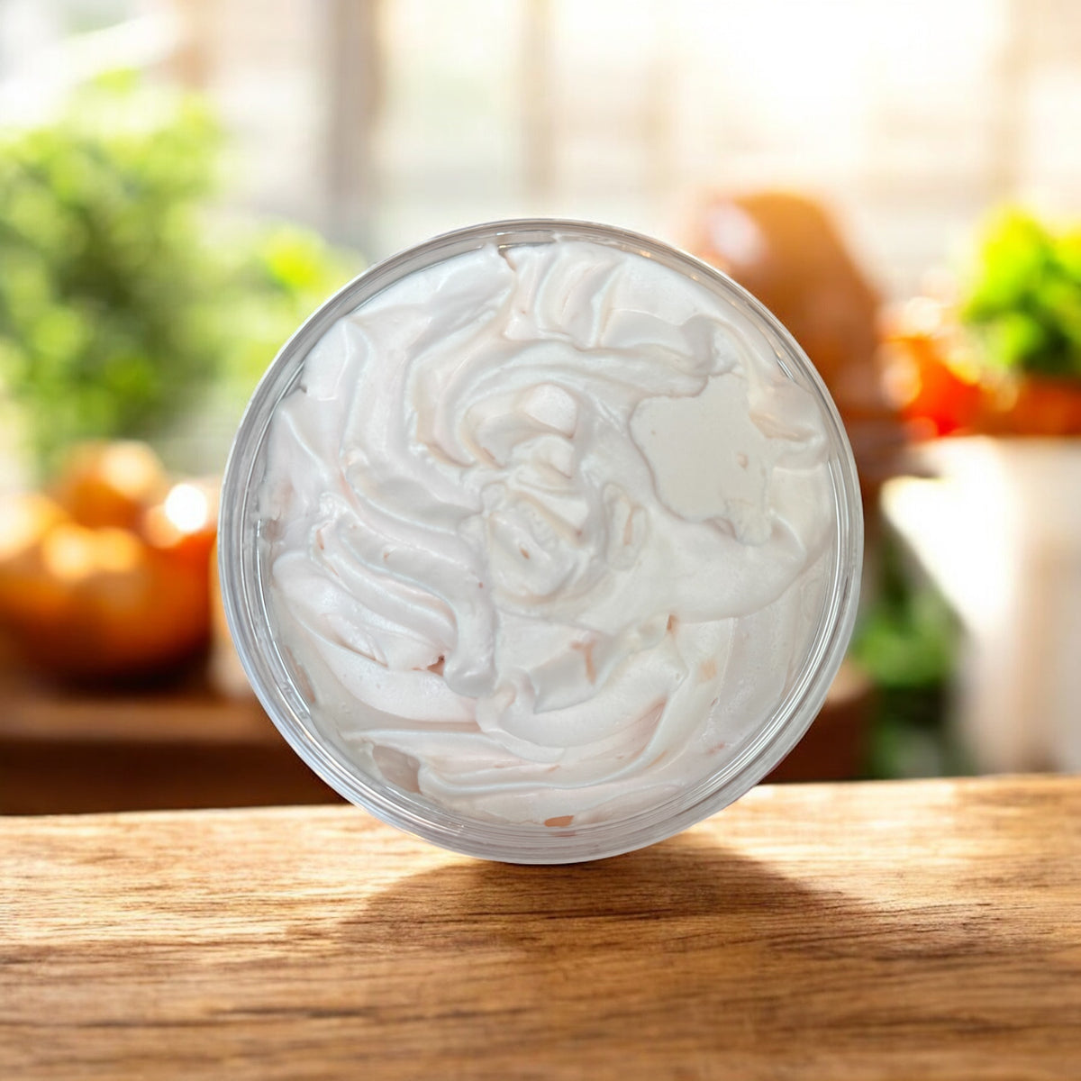 Container of white noodles on a wooden surface with a blurred natural background