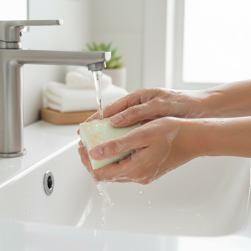 A close-up of a person's hands washing a bar of tallow soap under running water from a modern chrome faucet in a bright bathroom sink with a lot of lather and bubbles.