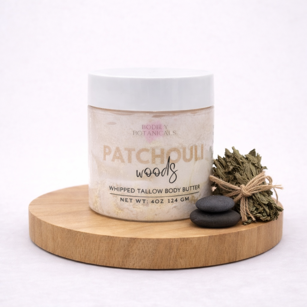 Patchouli Woods tallow body butter jar with earthy scent for dry skin
