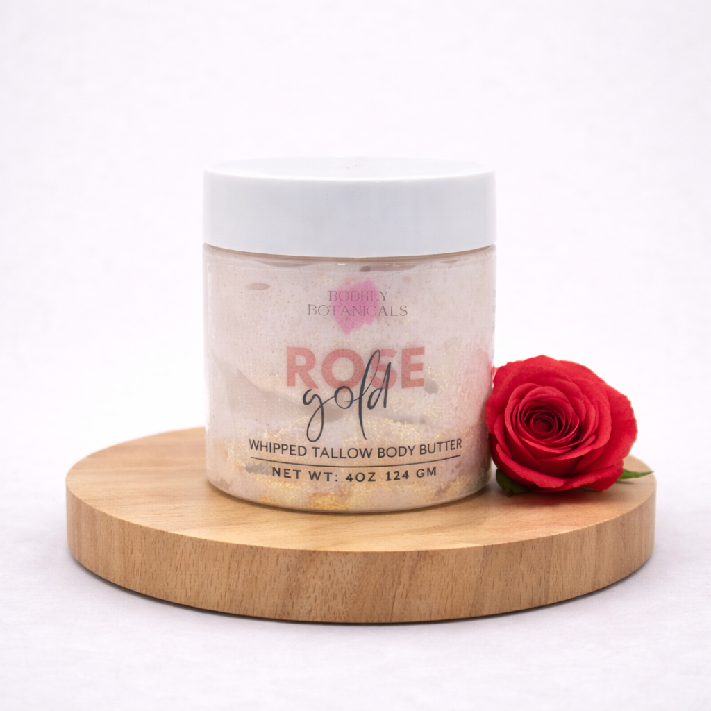 Rose Gold tallow body butter jar with sweet floral fruity scent for dry skin