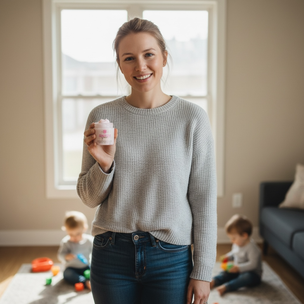 Mom holding sweet Grace type tallow body butter with her children playing in the background.