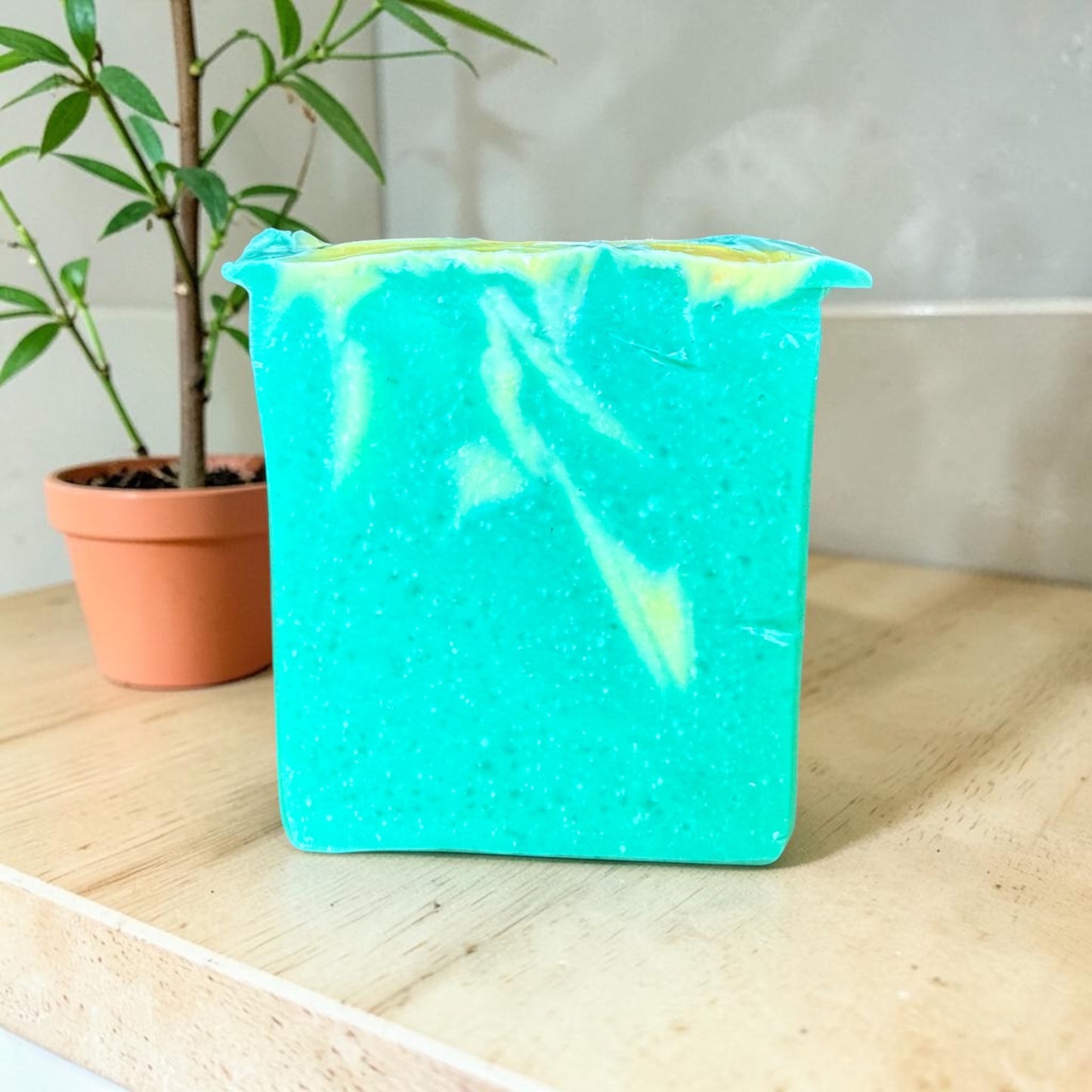 Green and yellow lemongrass ginger tallow soap on a wooden surface with a plant in the background