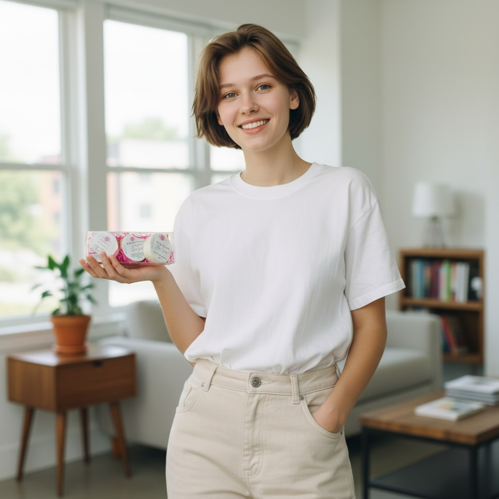 Woman holding a container in a living room