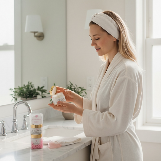 Woman holding a jar of tallow facial moisturizer at the sink in her bathrobe