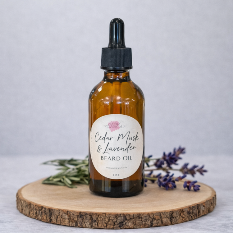 Bottle of Cedar Musk & Lavender Beard Oil on a wooden board with lavender flowers.