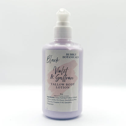 Bottle of Bubbly Botanicals tallow body lotion with lavender label on a white background