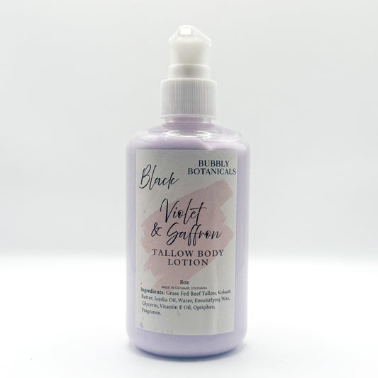 Bottle of Bubbly Botanicals tallow body lotion with lavender label on a white background