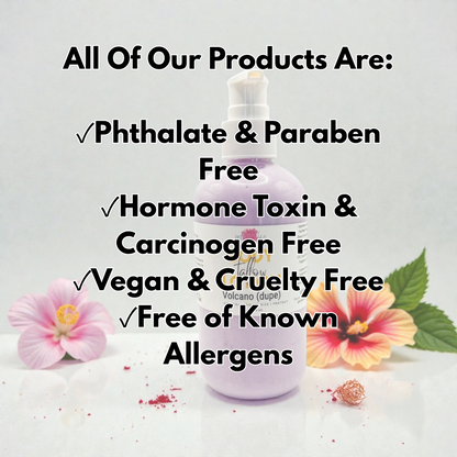 A lavender-colored bottle of Volcano tallow lotion skincare product centered on a white background, surrounded by pink hibiscus flowers and green leaves. Bold black text at the top reads, 'All Of Our Products Are:' followed by checkmarks for Phthalate & Paraben Free, Hormone Toxin & Carcinogen Free, Vegan & Cruelty Free, and Free of Known Allergens.
