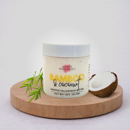 Bamboo and coconut tallow body butter jar with light tropical scent for dry skin