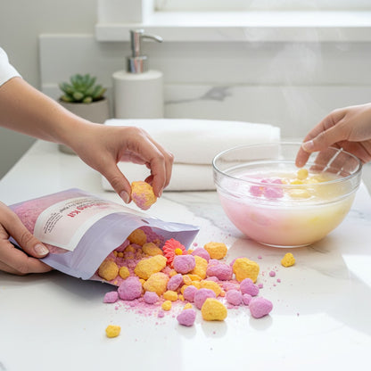 Person mixing colorful bath bombs in a bowl with a package on a bathroom counter.