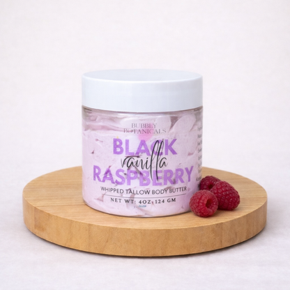 Black raspberry vanilla tallow body butter jar with fruity sweet scent for dry skin