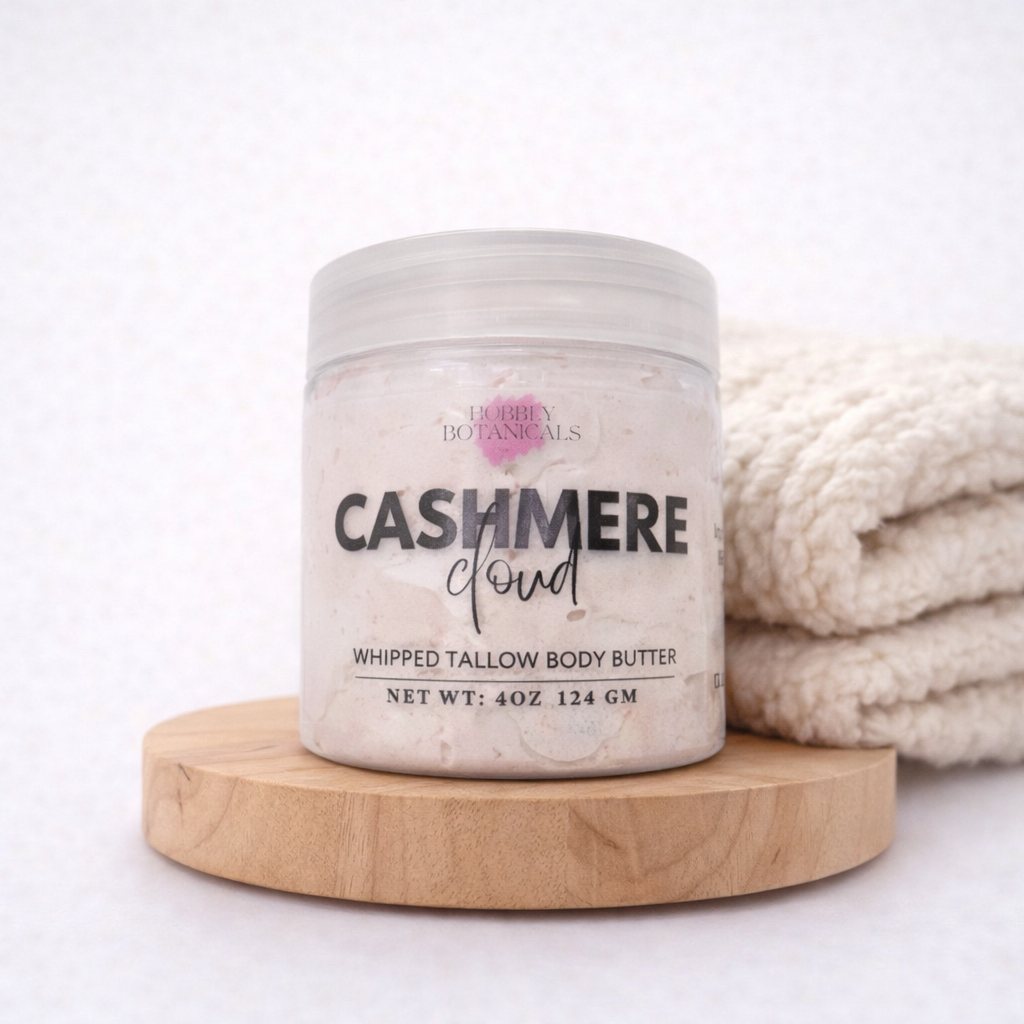 Cashmere Cloud tallow body butter jar with warm vanilla and sandalwood scent for dry skin