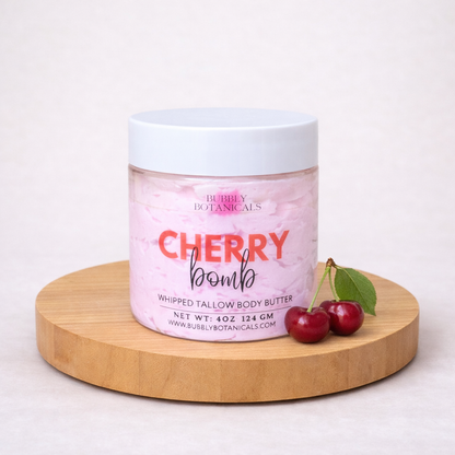 Cherry Bomb tallow body butter jar with black cherry vanilla scent for dry skin