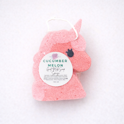 Pink unicorn goat milk soap infuseed sponge with cucumber melon scent