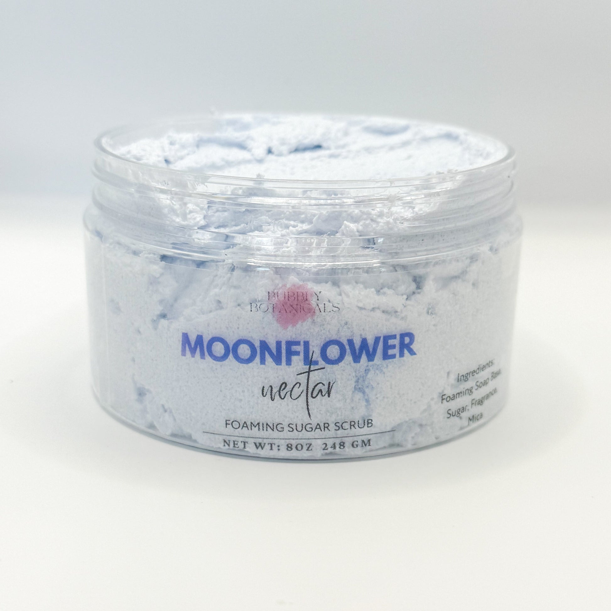 Jar of Moonflower Nectar foaming sugar scrub on a white background