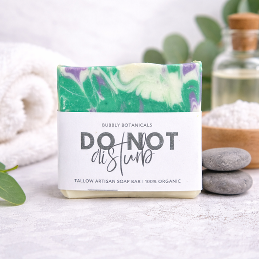 Marbled soap bar with 'Do Not Disturb' text on a white background
