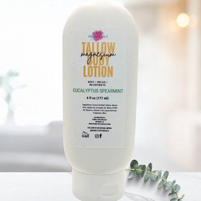 Tallow Magnesium Lotion bottle on a white surface with a blurred background