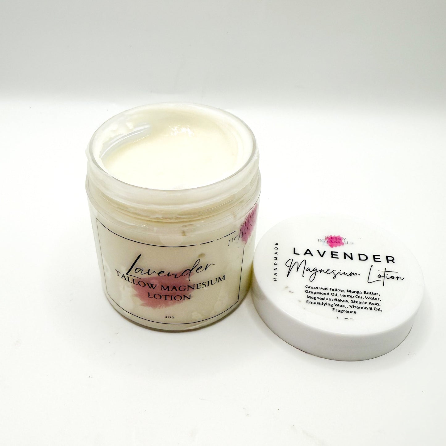 Lavender magnesium lotion jar with lid on a white background