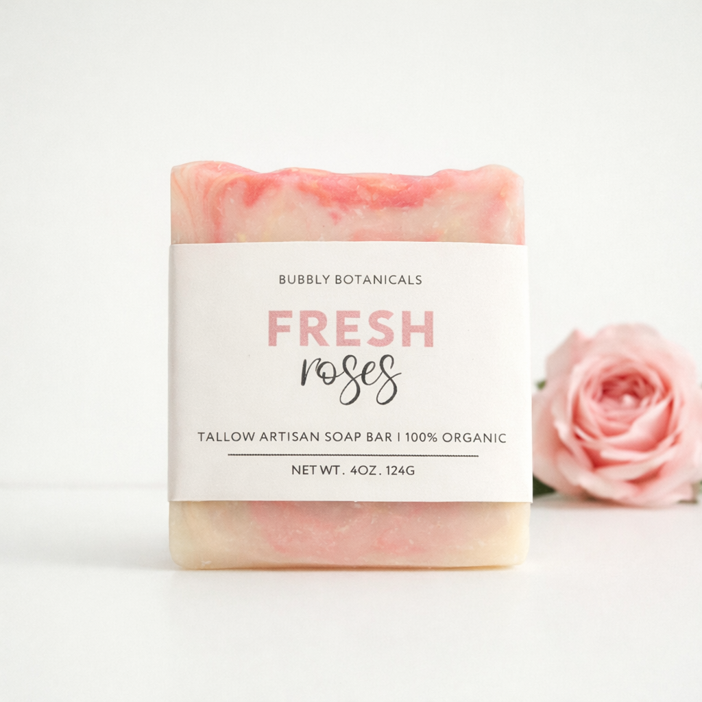 Bar of soap with a pink and white design and a visible label on a white background.