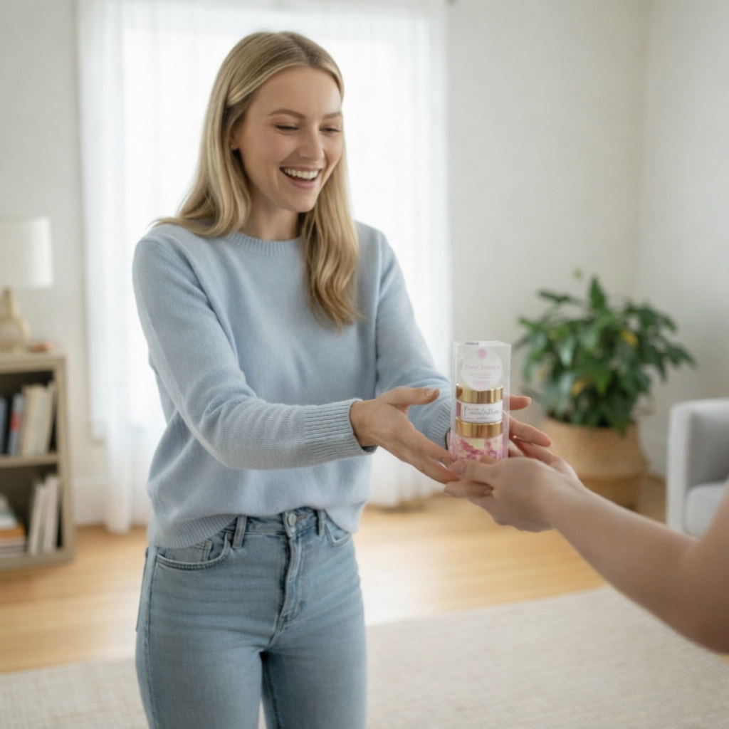 Woman receiving a product from another person in a home setting