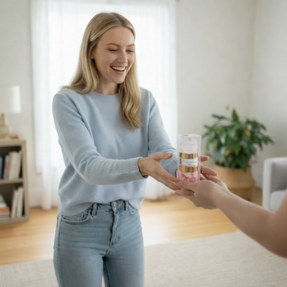 Woman receiving a product from another person in a home setting