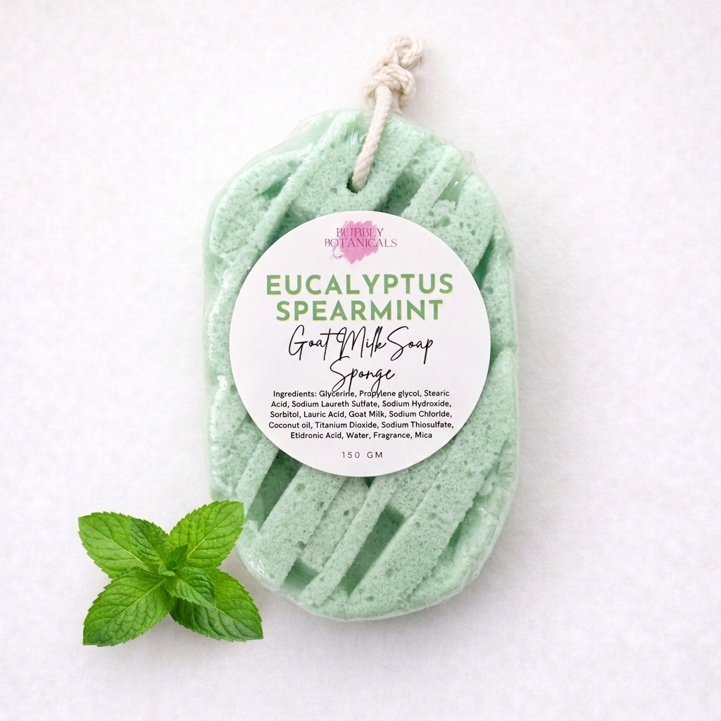 A mint green goat milk soap sponge with a white hanging tag reading 'Eucalyptus Spearmint Goat Milk Soap Sponge' and a small sprig of mint leaves on a white background.