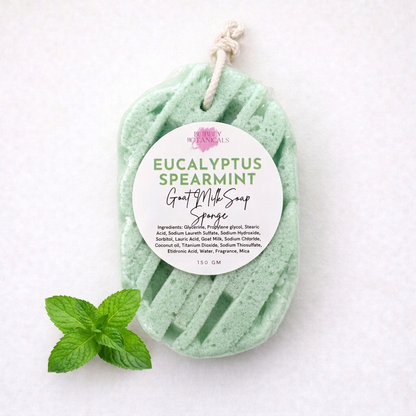 A mint green goat milk soap sponge with a white hanging tag reading 'Eucalyptus Spearmint Goat Milk Soap Sponge' and a small sprig of mint leaves on a white background.