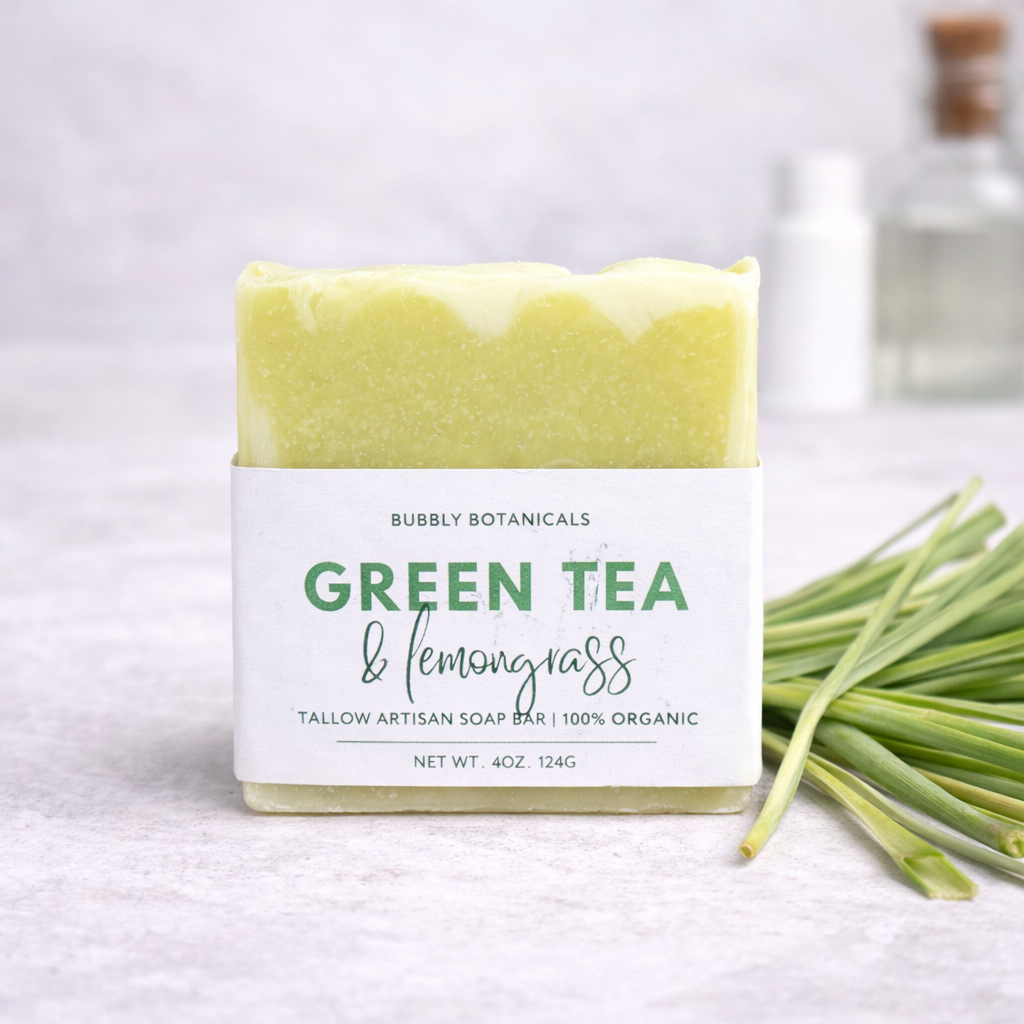 Bar of soap labeled 'Green Tea & Lemongrass' by Bubbly Botanicals on a white background.