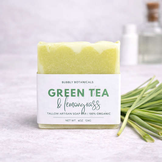 Bar of soap labeled 'Green Tea & Lemongrass' by Bubbly Botanicals on a white background.