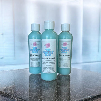 The perfect man body wash sitting on a granite countertop 