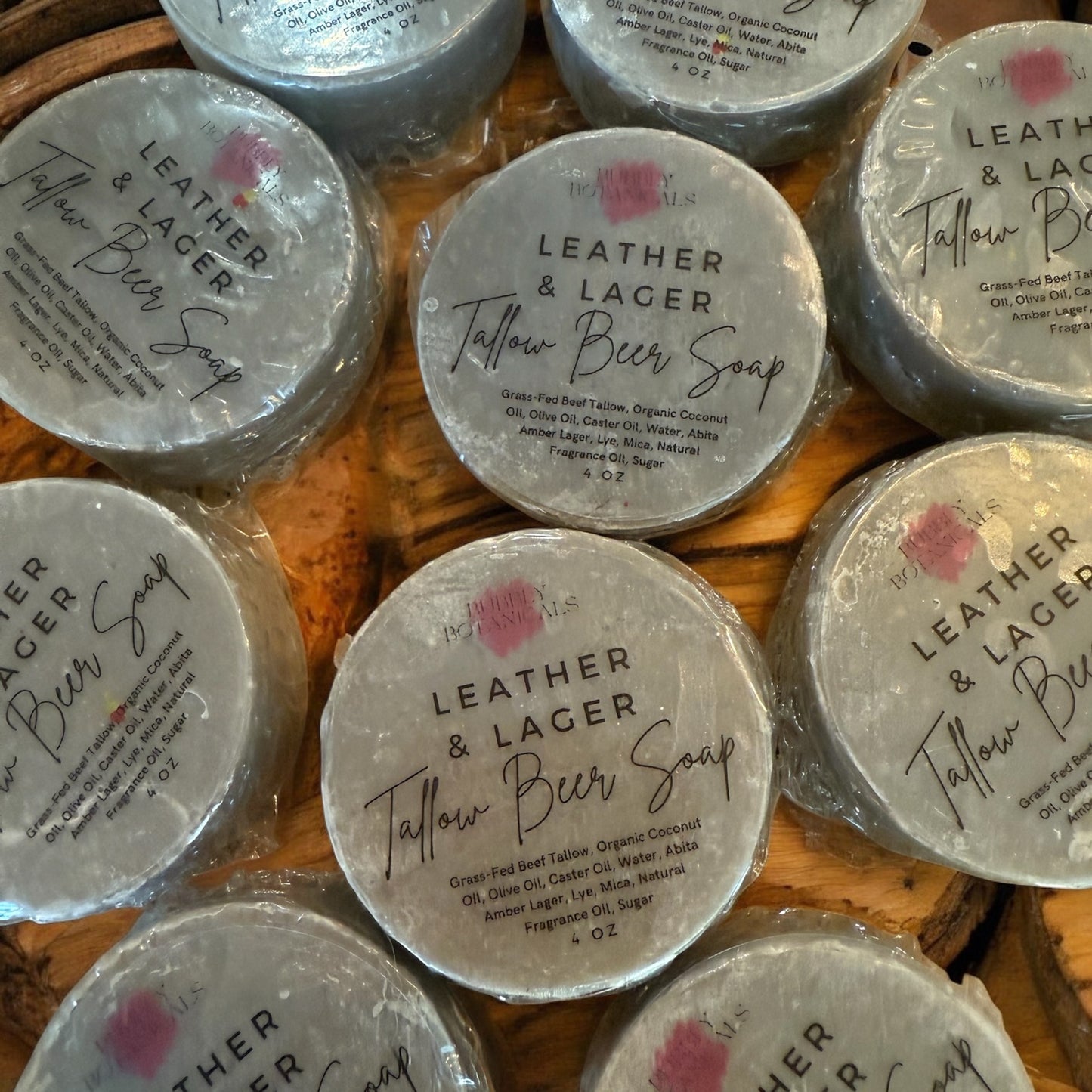 Leather & Lager mini tallow beer soaps on a wooden table