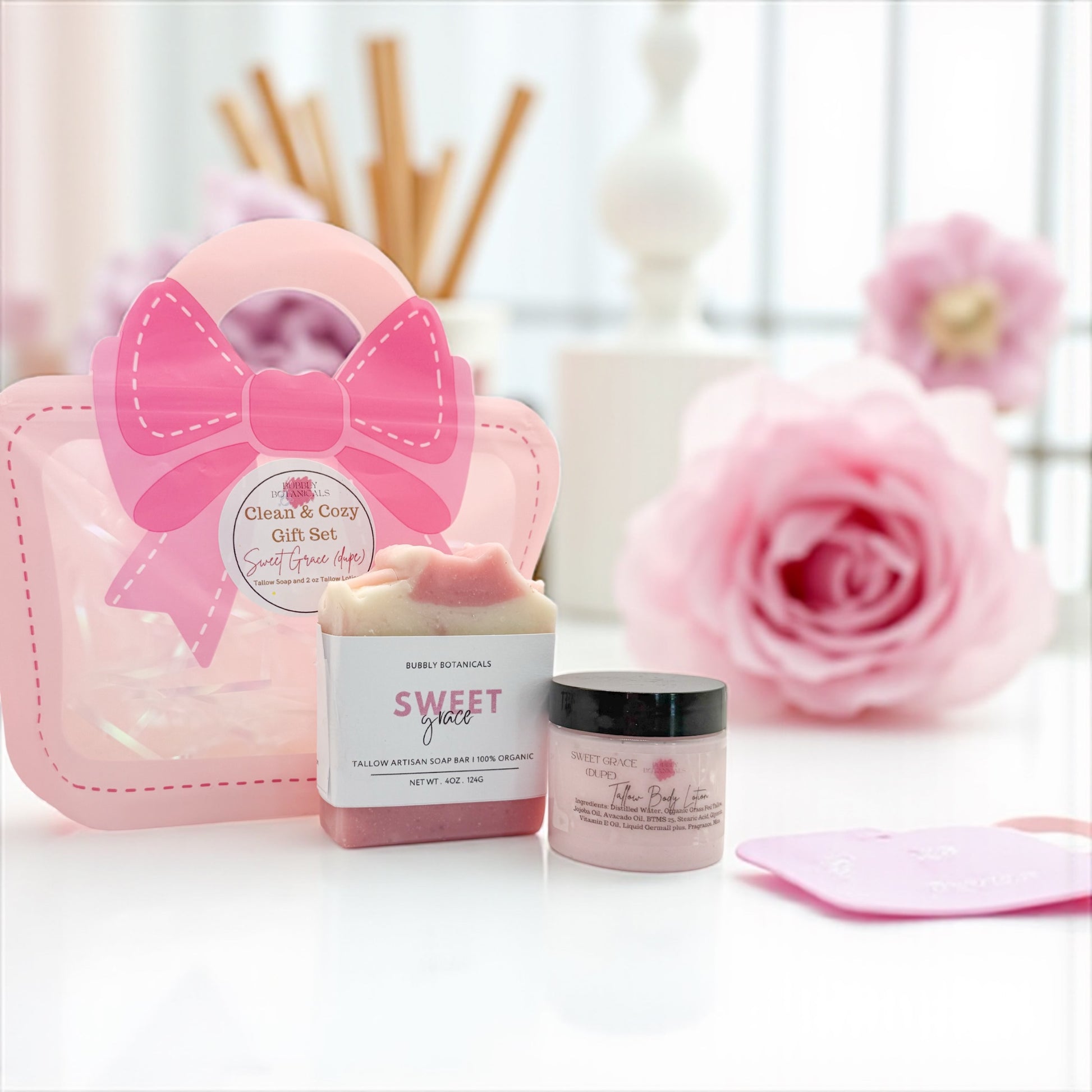 Clean and cozy gift set with Sweet Grace tallow soap and tallow lotion 