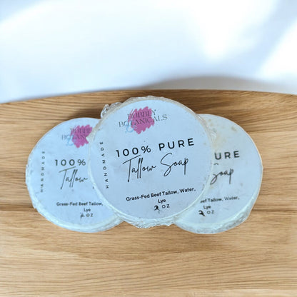 100% pure tallow mini soaps on a wooden counter