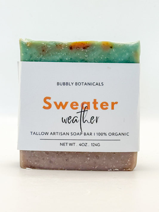 Sweater weather tallow soap with a white background 
