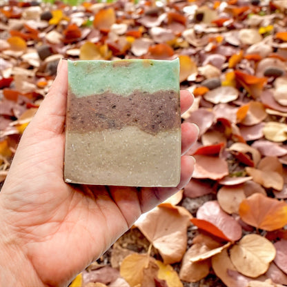 Sweater weather tallow soap with a background of fallen leaves 