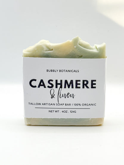 Cashmere & linen tallow soap with a white background 