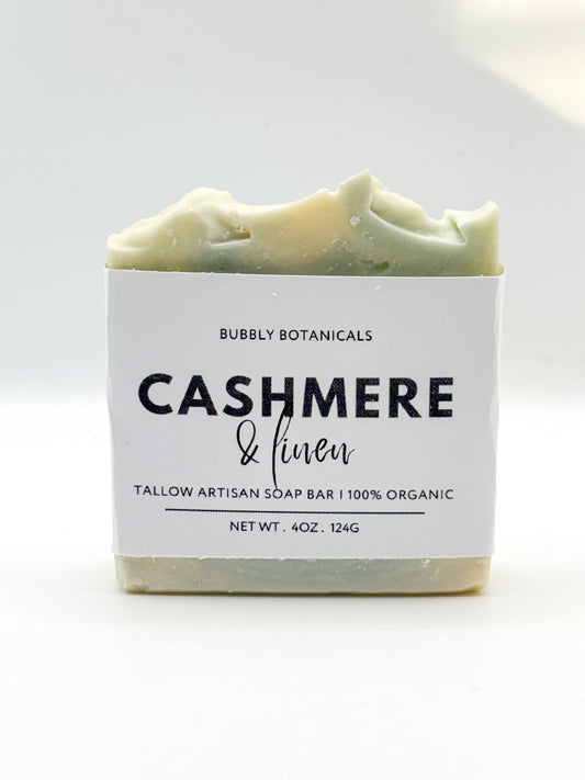 Cashmere & linen tallow soap with a white background 