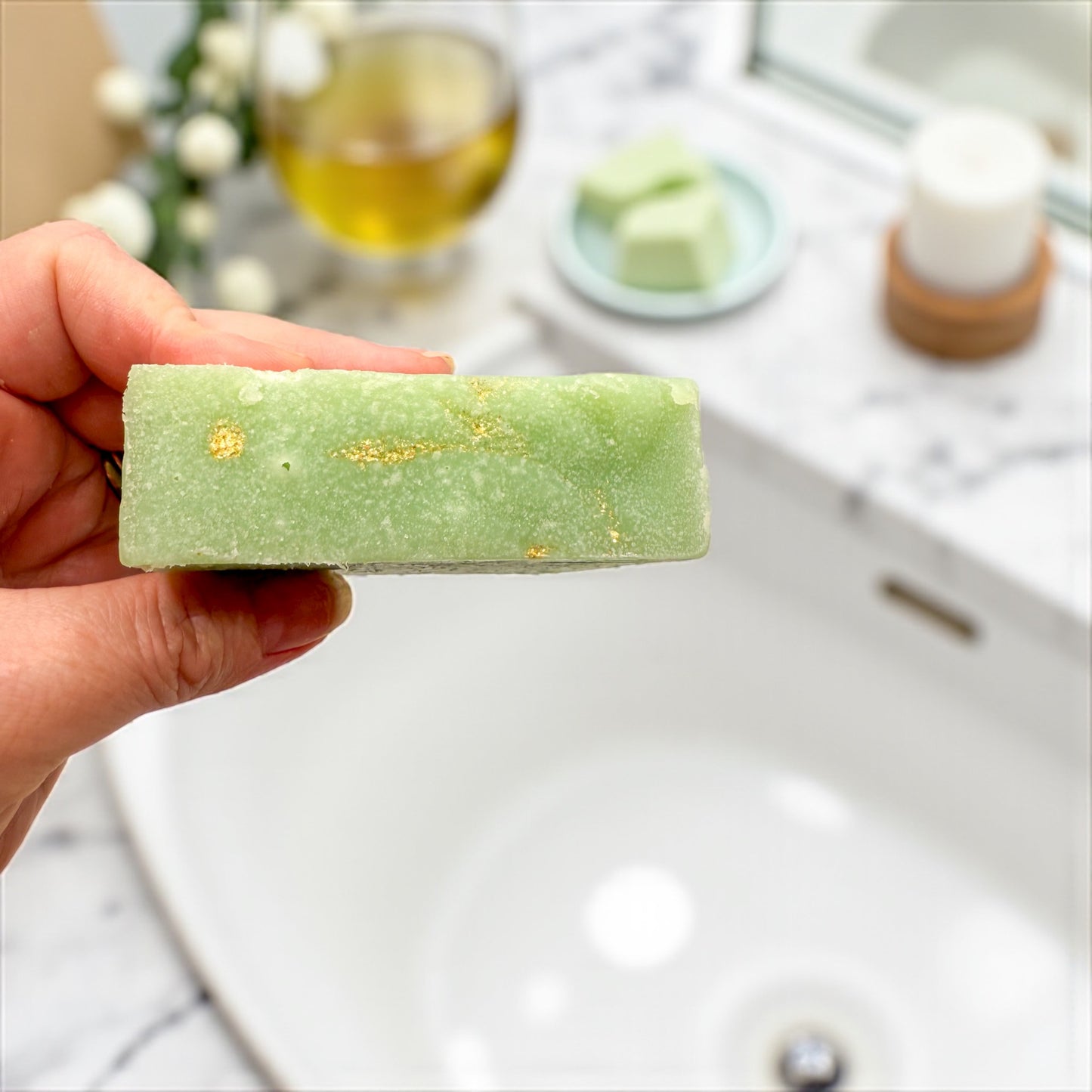 Eucalyptus Spearmint tallow soap gold swirl soap top