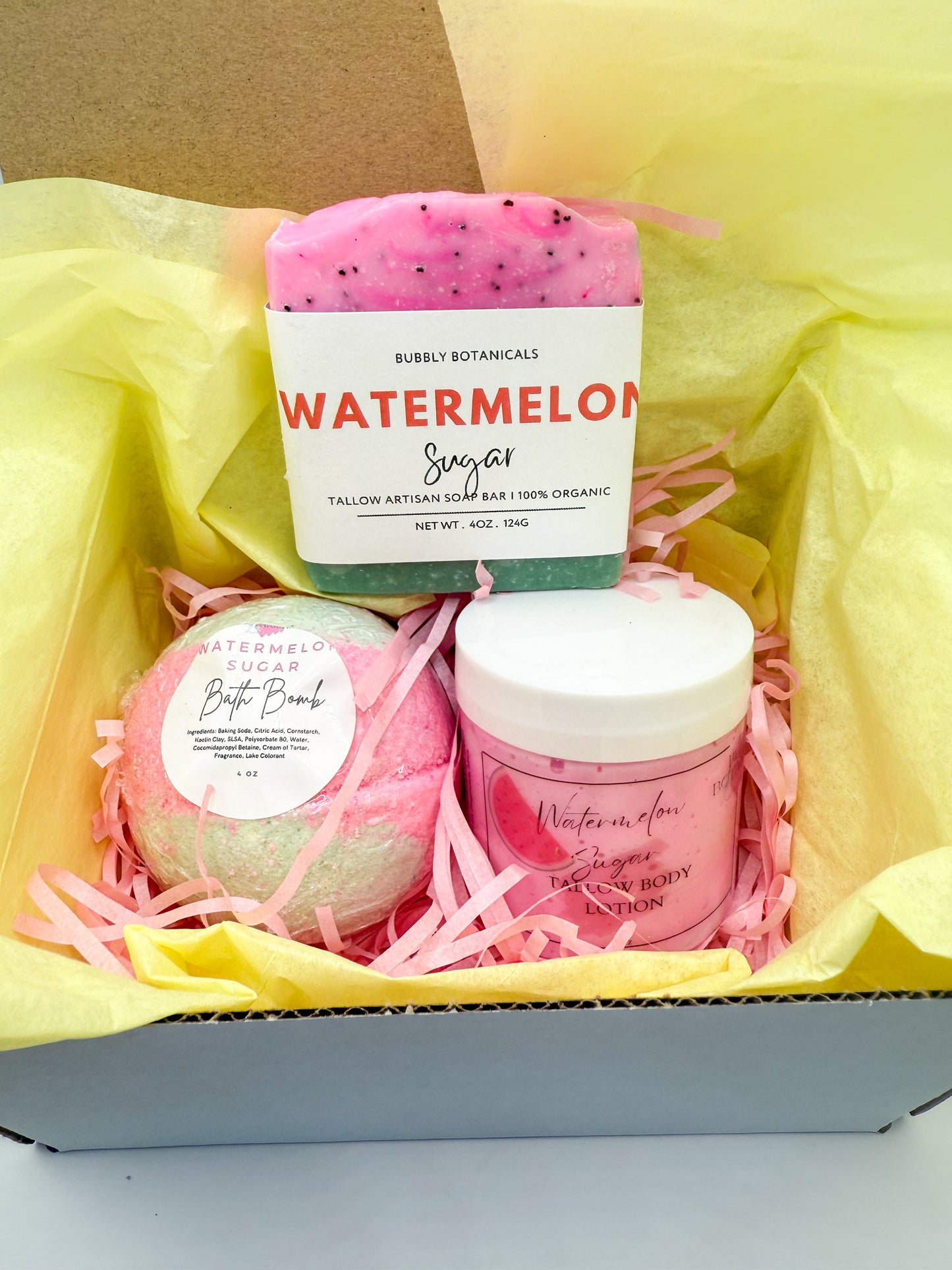 Gift Set with Bath Bomb, Tallow Lotion & Soap – Watermelon Sugar, Paloma, or Cactus Blossom