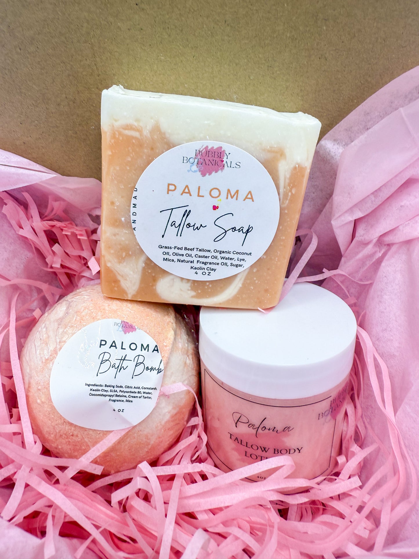 Gift Set with Bath Bomb, Tallow Lotion & Soap – Watermelon Sugar, Paloma, or Cactus Blossom