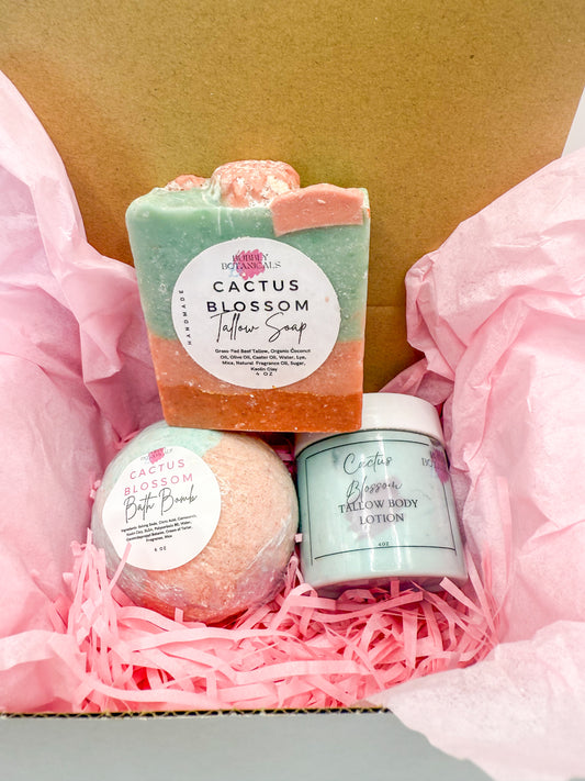 Gift Set with Bath Bomb, Tallow Lotion & Soap – Watermelon Sugar, Paloma, or Cactus Blossom